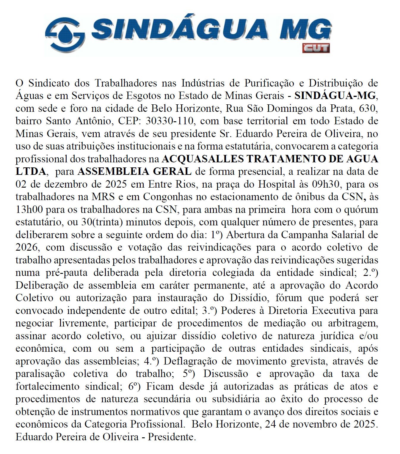 EDITAL-ACQ ASSEMBLEIA NO DIA 2 DE DEZEMBRO VAI ABRIR CAMPANHA SALARIAL NA ACQUASALLES